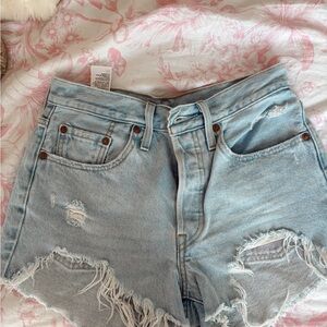Levi's Blue Distressed Jean Shorts with Frayed Hem